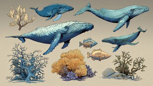 海洋生物插画 鲸鱼与珊瑚