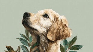 仰望的金毛犬与绿叶