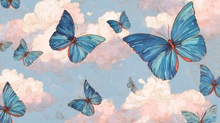 梦幻蓝蝶在粉白云间飞舞