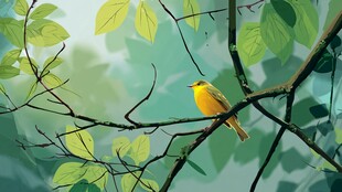 枝头黄鸟栖于翠绿枝叶间