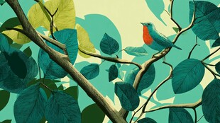 绿叶间的红胸小鸟