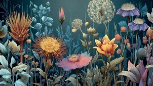 梦幻多彩花卉插画场景