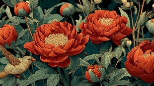 红牡丹旁飞鸟的自然景致