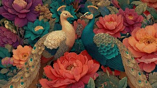 孔雀戏牡丹 绚丽花鸟画