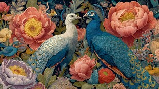 孔雀牡丹图 绚丽花鸟景象
