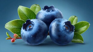 三颗饱满蓝莓带绿叶