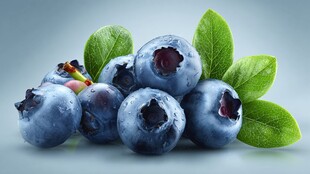 新鲜蓝莓带绿叶特写