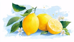 水彩绘鲜柠檬与绿叶花朵