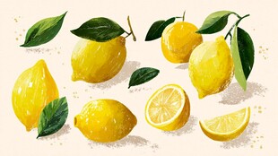 清新手绘柠檬及柠檬切片