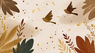 秋日飞鸟与植物插画