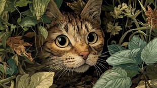 草丛中探出头的好奇猫咪