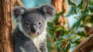 可爱考拉栖息于树干旁