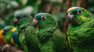 一群绿鹦鹉栖息在枝头