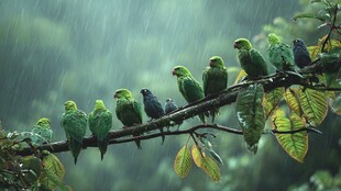 雨中枝上的多彩鹦鹉