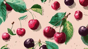 水彩风樱桃与绿叶图案