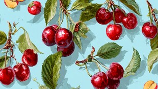 手绘樱桃绿叶清新图案