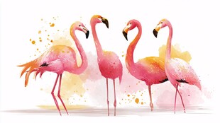 四只火烈鸟的水彩画世界