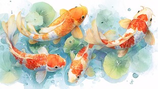 水中锦鲤戏荷叶