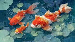 池塘中游动的多彩金鱼