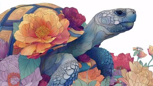 花朵环绕的美丽彩绘乌龟