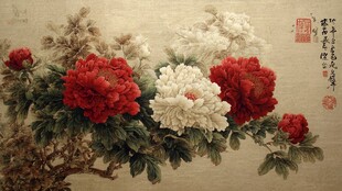 国画牡丹图 红白牡丹绽放