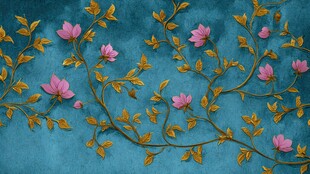 蓝底金枝粉花唯美图案