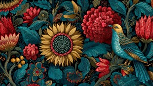 花鸟缤纷的绚丽植物图案