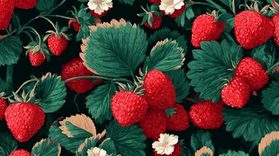 草莓绿叶花卉无缝图案