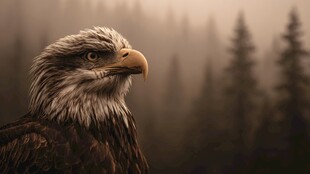 雾中雄鹰凝视森林