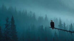 雾中孤鹰栖于林边树枝