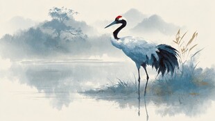 湖畔丹顶鹤 水墨诗意景