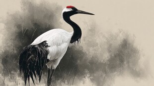 丹顶鹤独立水墨风图景