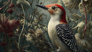 林间红顶啄木鸟特写