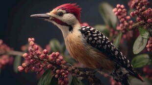 红冠啄木鸟栖于繁花枝头