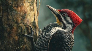 啄木鸟攀于树干的瞬间