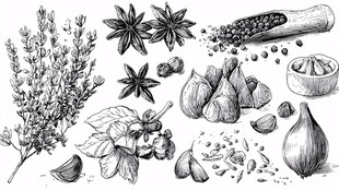 手绘多样香料与草本植物