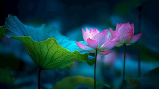 梦幻粉荷映于幽蓝背景
