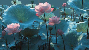 梦幻粉荷绽放于绿叶间