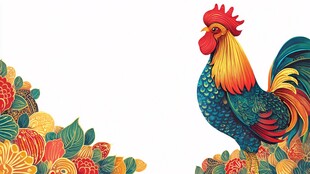 多彩公鸡与花卉装饰图案