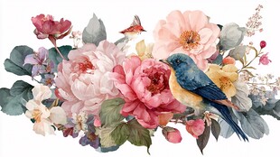 花鸟绘景 缤纷花卉与小鸟