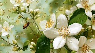 水珠润白花 蜜蜂翩跹来