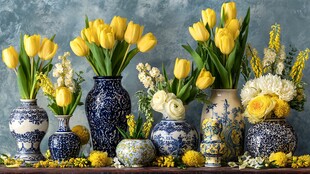 青花瓷瓶中的烂漫黄郁金香