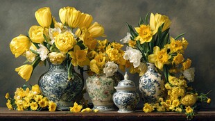 古典花瓶中的烂漫黄花卉