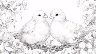 双鸟栖花枝黑白线描画