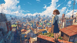 女孩眺望城市天际线