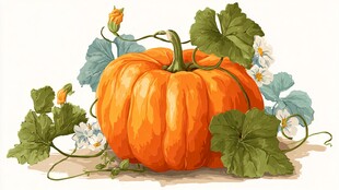 橙色南瓜与绿叶花卉插画
