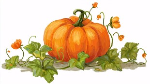 橙色南瓜伴绿叶小花