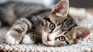 可爱小猫惬意趴地毯上