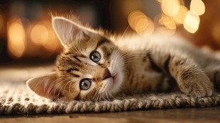 萌态小猫惬意躺于暖光下