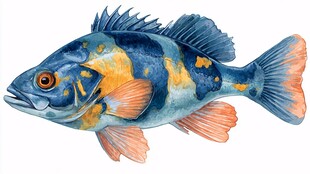 水彩绘多彩斑斓海鱼